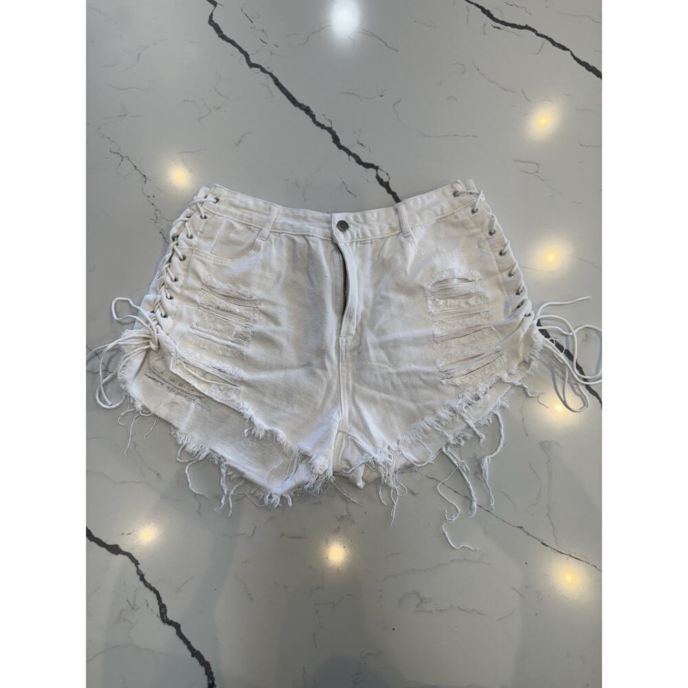SHEIN Women's Distressed Ripped Jean Shorts White Denim Size XL GUC